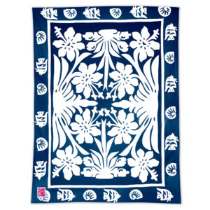 Product image of hibiscus flower pattern maui beach sheet in a navy blue color.
