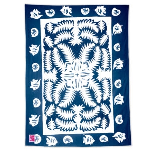 Product image of Hawaiian Laua'e Fern pattern maui beach sheet in a navy blue color.
