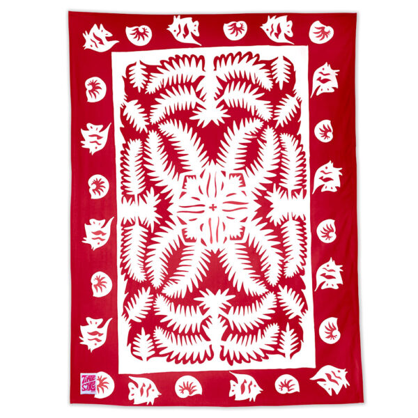 Product image of Hawaiian Laua'e Fern pattern Maui Beach Sheet in a Red Ti color.