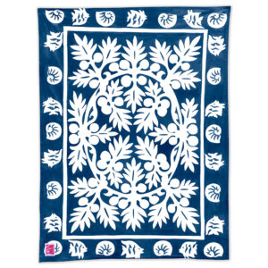 Product image of 'Ulu breadfruit pattern Maui Beach Sheet in a navy blue color.