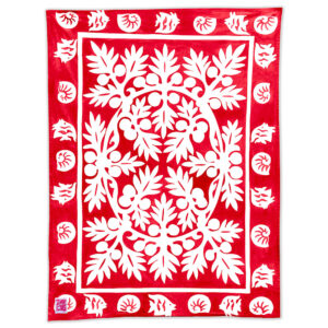 Product image of 'Ulu breadfruit pattern Maui Beach Sheet in a Red Lehua bright red color.