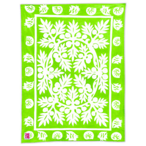 Product image of 'Ulu breadfruit pattern Maui Beach Sheet in a Tahitian Lime bright green color.